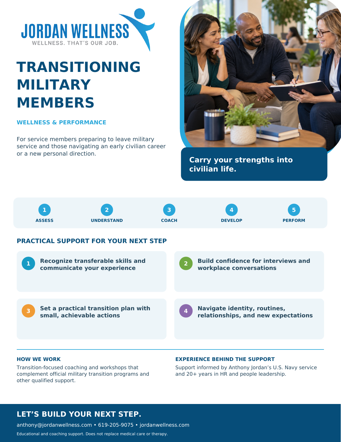 Jordan Wellness TRANSITIONING MILITARY MEMBERS program flier